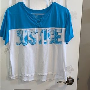 Active blue and white shirt.